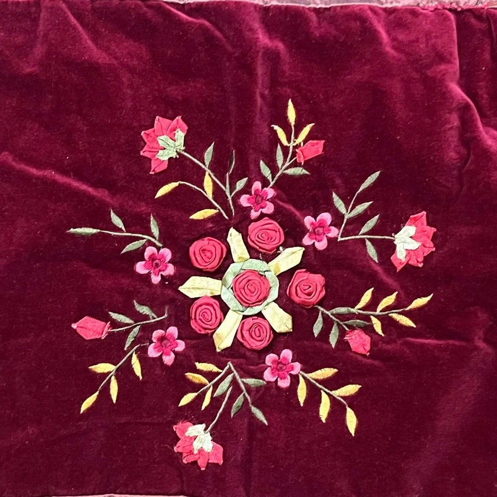 Pair Peking Handicraft Burgundy Velvet Ribbon Embroidery Standard Pillow Shams